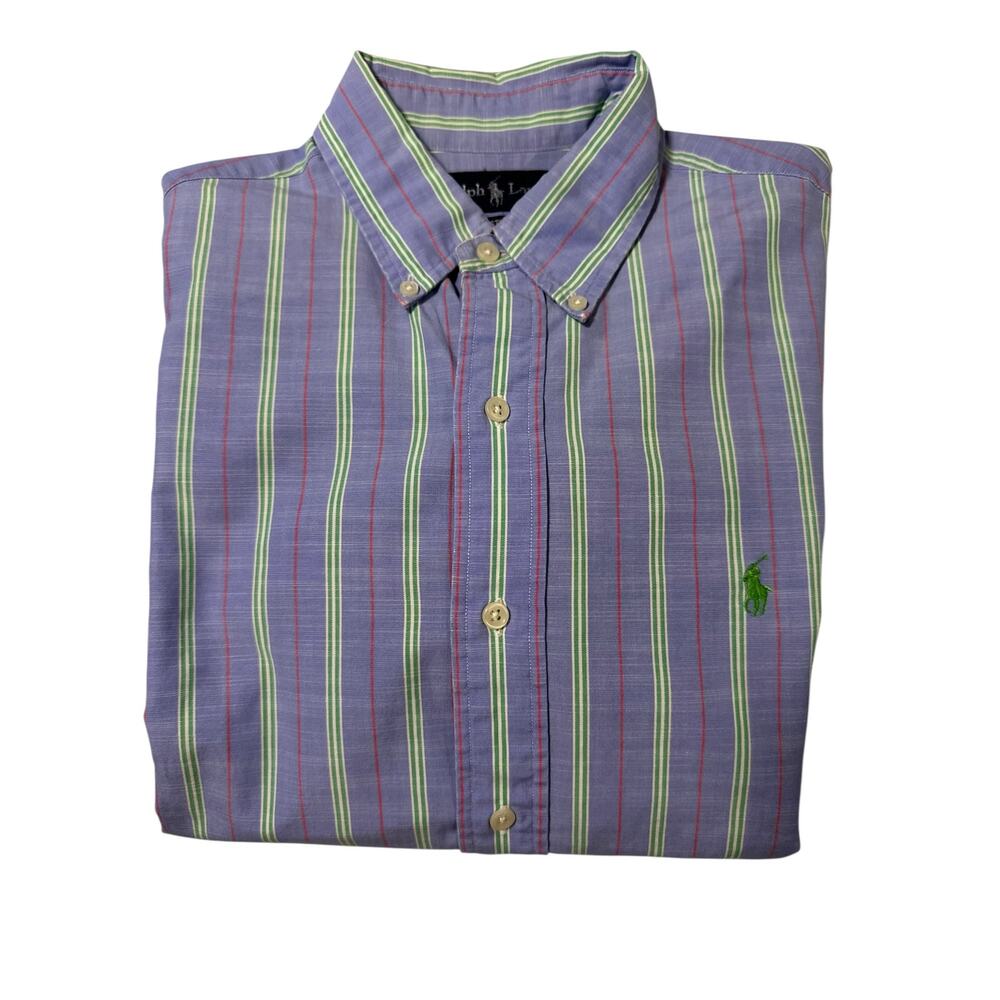 EUC Polo Ralph Lauren Custom Fit Blue & Green Striped Button Down 15.5 M Preppy